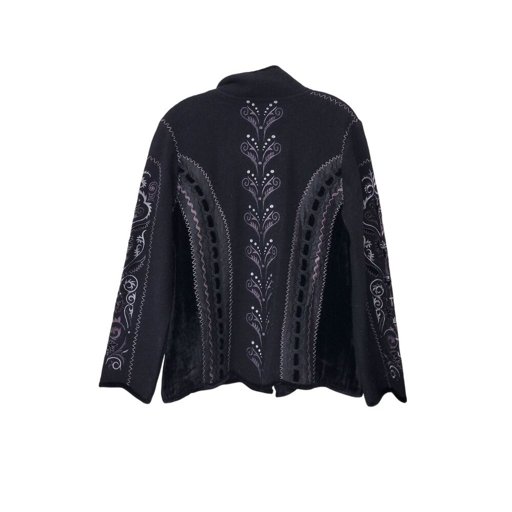 Covelo Women's Black Embroidered Wool Blend Jacket With Velvet Trim Button Front - Picture 3 of 7